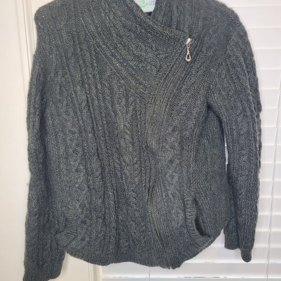 Womens Original Aran Co. Cable Knit Wool Zip Sweater Shawl Collar Green Gray S - Picture 1 of 5